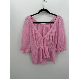 Meritt Womens Pink Babydoll Eyelet Top Size 3X Boho Cropped Cottagecore Ruffle